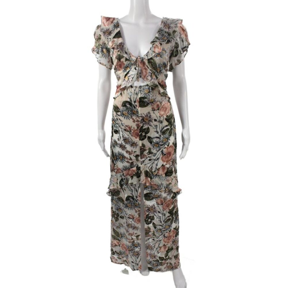 For Love & Lemons Women One Piece Silk Floral V Neck Short Sleeve Beige Size L